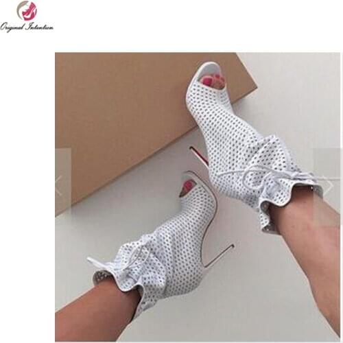 Original Intention Gorgeous Women Ankle Boots Summer Peep Toe High Heel Boot White Party Spring Plus Size 4-15