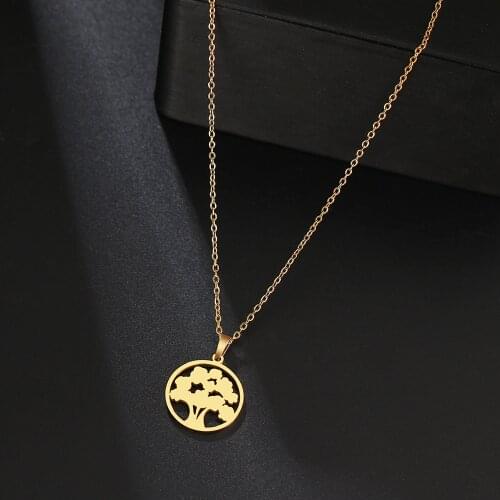 316L Stainless Steel Necklace Round Pendant Hollow Pine Tree Necklaces For Women Gifts Jewelry Collares Bijoux Femme 2021 NEW