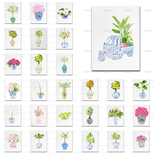 Watercolor Chinoiserie Ginger Jar Posters, Porcelain Watercolor Decor, Vase Plant Fruit Flower Home Decor Canvas Wall Art Prints