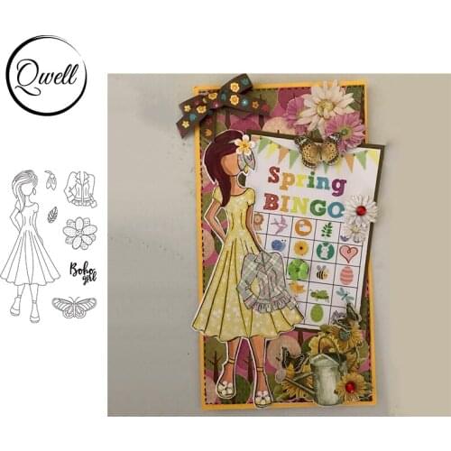 QWELL 6*8 inch Clear Silicone Stamps Decent Girl Boho Dress Blouse Petals Butterflies for DIY Craft Scrapbooking Making 2021