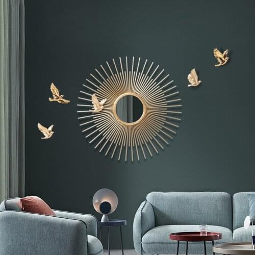 Modern Luxury Wrought Iron Sun Shape Bird Mirror Ornaments Home Livingroom Wall Mural Crafts Hotel Lobby Wall Sticker Decoration