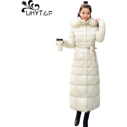 UHYTGF Female Coats Winter Keep warm Down Cotton Jacket Thick Korean 3XL Plus Size Long Parka Women Hooded Jacket X360