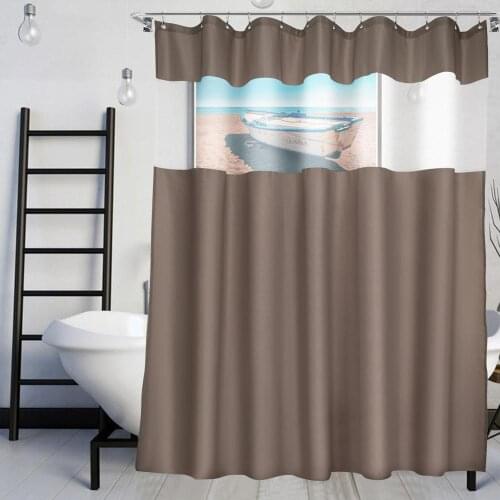 VCVCOO Coffee Fabric Shower Curtain with Mesh Window Mildew Resistant Waterproof Translucent White Gauze mosaic Bath Curtain