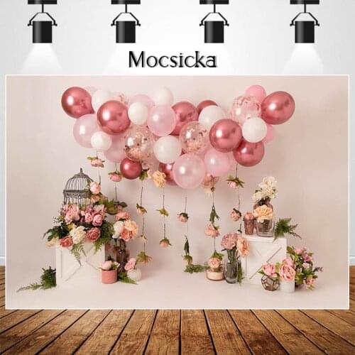 Spring Floral Birdcage Backdrop Children Portrait Cake Smash Background Pink Balloons Photography Backdrop Photo Booth Props