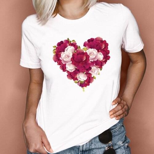 Floral Pattern Heart Graphic Lady Clothes Tops Tees Print Female Tshirt TShirt Women 2021 Trend Style Fashion Cute Sweet Fashion