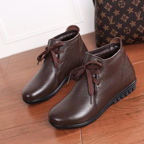 Tilocow Womens Winter Warm Boots Ladies Genuine Leather Plush Shoes for Woman Wedges Boot Female Lace-Up Flat Retro Ankle Boots