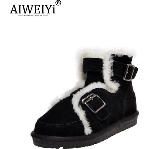 AIWEIYi Handmade Shoes Wool Snow Boots Women Cow Suede Leather Round Toe Platform Winter Ladies Ankle Length Shoes
