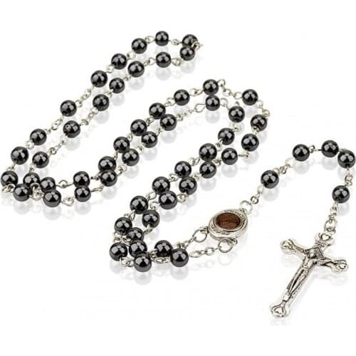 Hematite Beaded Rosary Beades Necklace Cross Juses Pendant for Men Catholicism Religious Jewery