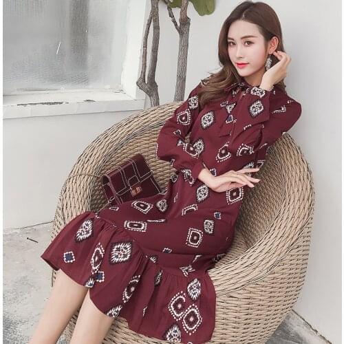 2020 Spring Women Lace up Midi Dress Ladies Long Sleeve Vintage Chiffon Shirt Dress Casual tied collar Autumn Buttefly sleeve