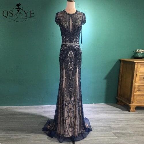 QSYYE High Quality Navy Mermaid Prom Dresses Short Sleeves Gown Long Evening Dress Glitter Beadings Crystals Fitted Party Dress