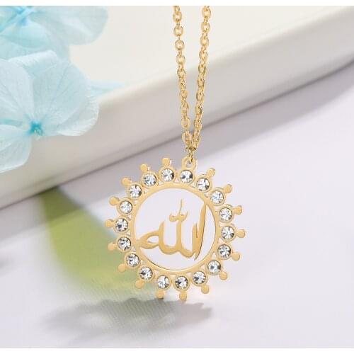 Gold Allah Pendant Necklaces For Women Hip Hop Iced Out Round Allah Necklace Stainless Steel Islam Muslim Arabic Prayer Jewelry