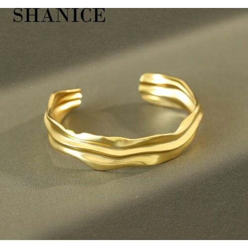 SHANICE Authentic 925 Sterling Silver Niche Design Irregular Fold Texture Opening Adjustable Trendy Men Women Bangle Jewelry