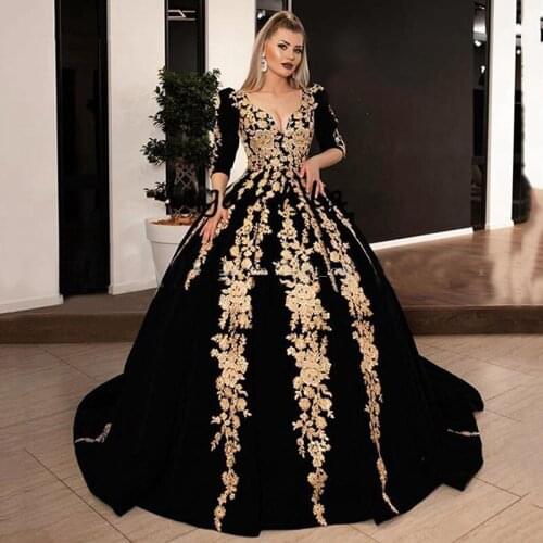 SoDigne Black Velvet Evening Dress Gold Lace AppliqueV neck Long Sleeve Caftan Arabic Prom Dress Algerian outfit