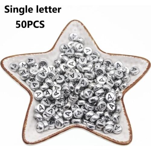 CHONGAI 50Pcs Oblate Acrylic Letter Beads Single Alphabet Silver Round Bracelet Jewelry Beads&Jewelry Making 4*7MM
