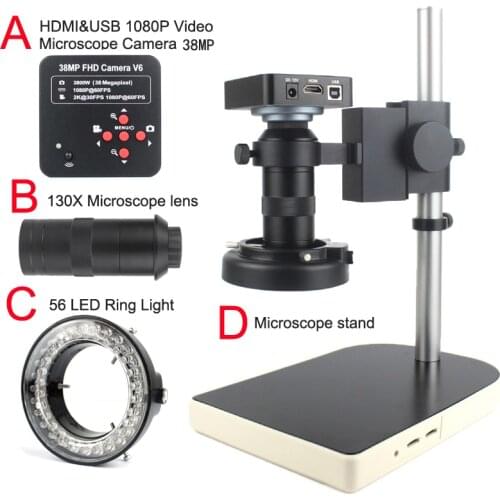 1080P HDMI VGA digital microscope for electronic soldering 130X 38MP microscope camera USB LED Ring Light professional repair