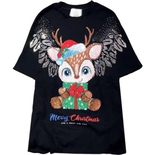 Who Wear Who Fashion Casual Cotton Half Sleeve Europe Hot Drilling Deer Harajuku T Shirt Women Shirt Top Summer Black Loose Tees