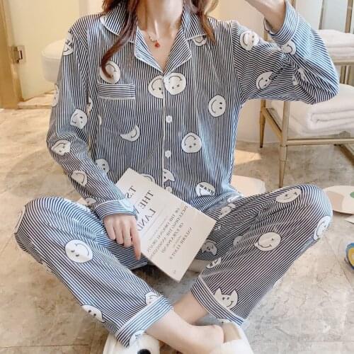 Long Sleeve Cardigan Womens Pajamas Milk Silk Stripe Smiling Face Leisure Home Wear Set Pajamas for Women