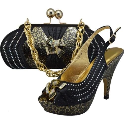Beautiful African shoes matching handbag set with stone decoration women pumps for party GF23 black,heel 12cm