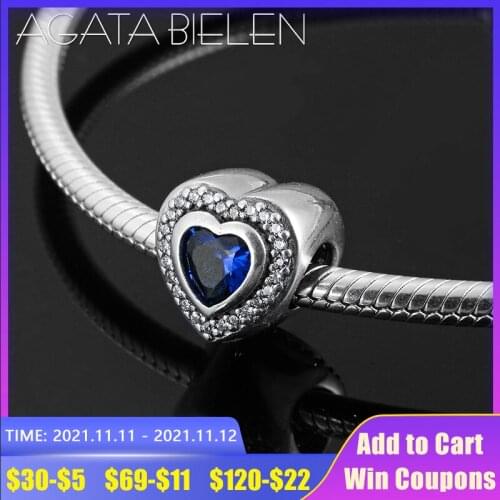 Beautiful Blue CZ Decorate Shining Heart shape Beads 925 Sterling Silver DIY Fit Original europeu Charm Bracelet Jewelry making