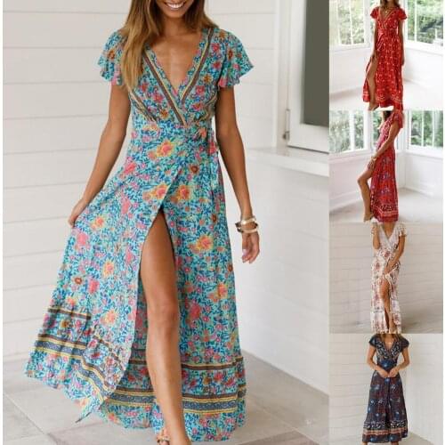 Summer Beach Maxi Dress for Women Floral Print Boho Long Chiffon Dress Ruffle Wrap Casual V-Neck Split Sexy Party Dress Robe
