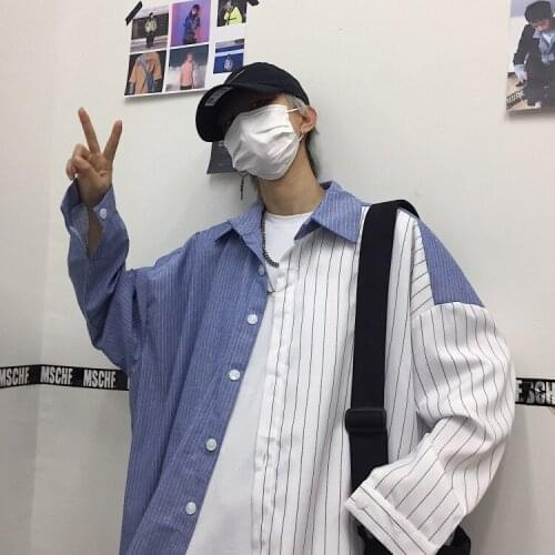 Men fashion stripe patchwork oversize shirt Korean style casual blouse unisex vintage punk hip hop plus size long sleeve shirts