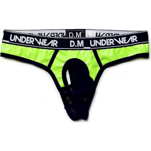 Mans underwear gay mens thong imitation leather bright underpants men sexy lingerie sissy mesh breathable tanga hombre cueca