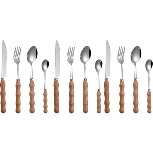 12 Pcs Bamboo Wood Flatware Set,Stainless Steel Cutlery Set,Wooden Handle Flatware,Dinner Knife Dinner Fork Dinner Spoon