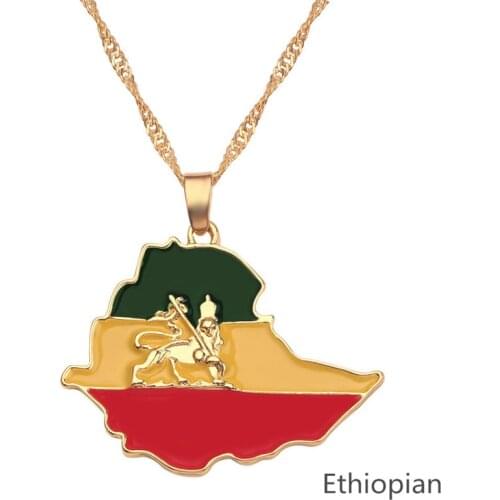 Punk Ethiopian Flag & Lion Map Pendant Necklaces Women Men Jewelry Gold Color Africa Maps Ethiopia Lion Necklace Bijoux Femme