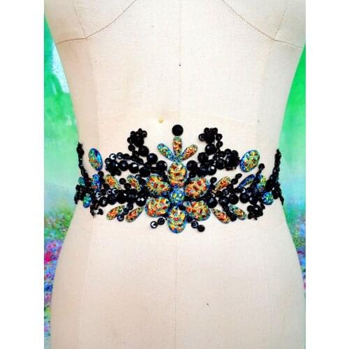 Hand made dazlling black sew on Rhinestones applique crystals patches 30*9cm for top dress skirt belt