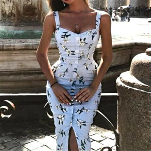 2020 Sexy Summer Fashion Women Dresses Sleeveless Button Bodycon Floral Sundress Summer Midi Dress Femme