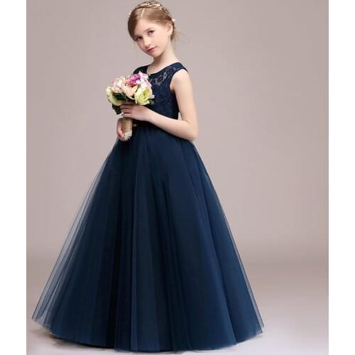 Navy Blue Flower Girl Dresses for Weddings Lace Tulle Long Floor Length Girl Dress Wedding Party Kids Formal Gown