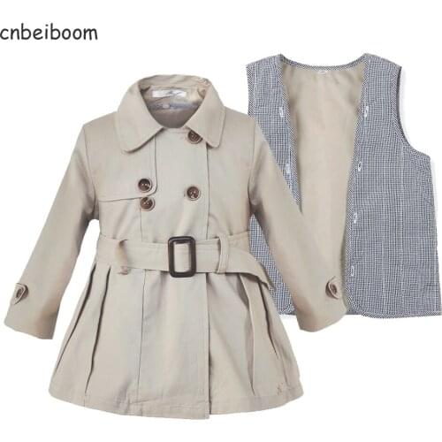 2021 spring Windbreaker Girls Coat Kids Khaki Jackets Girl Outerwear Waterproof + winter cotton vest 2pcs Children clothes