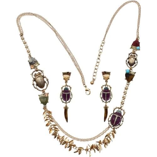 Indiana Vintage Ethnic Exquisite Wolf Tooth Crystal Drop Earrings Necklace India Egyptian African Resin Bead Insect Jewelry Sets