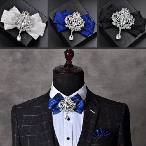 High-end Korean British Bow Tie Mens Business Banquet Wedding Accessories Rhinestone Handmade Bowtie Pocket Towel Brooches Set