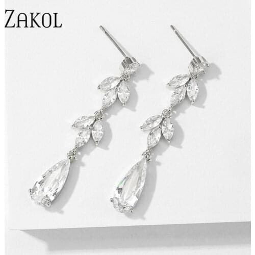 ZAKOL New Arrival 3 Color Teardrop Cubic Zircon Long Earrings Leaves BridaL Jewelry Female Wedding Active Dangle Style Gifts