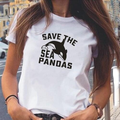 Women TShirt Fashion Save The Sea Pandas Print Tee Shirt Femme Summer Short Sleeve Casual T Shirt Women Tops Camiseta Mujer