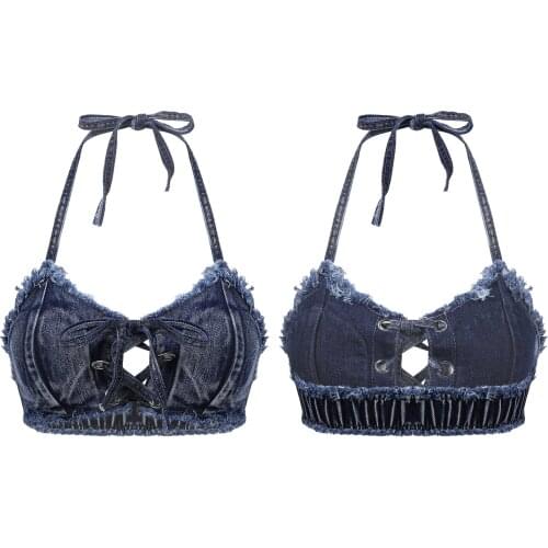 Women Halter Neck Denim Bikini Bra Tops Female Nylon Backless Lace-up Crop Top Sexy Club Beachwear Stage Performance Costume New