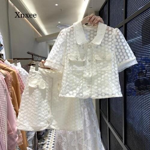 Summer Womens Elegant Sweet Lapel Embroidery Two-Piece Lace Mesh Floral Pocket Shirt and Single-Breasted Mini Skirt Set