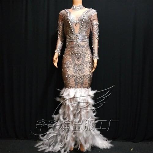 Women Sparkly Crystals See Through Mesh Long Trains Feather Dress Birthday Celebrate Stones Dress Fringes Costume Dance Outfit