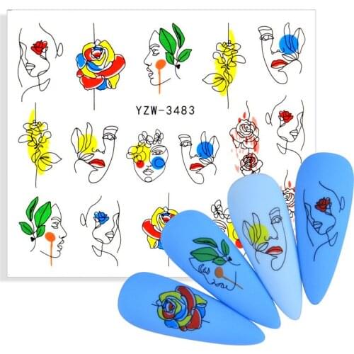 1 Sheet 2021 Fashion Stick Figure Women Face Watermark Nail Sticker Abstract Lady Face Sliders Paper Nail Art Decor Decals