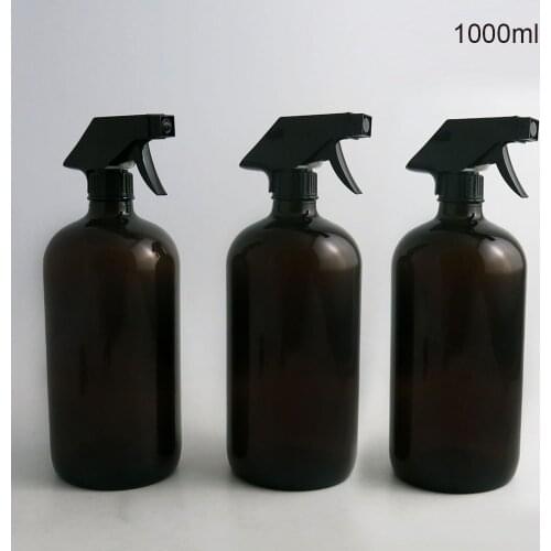 100PCS 1000ml Large Empty Dark Amber Glass 33 Oz Boston Round Bottle with Black Trigger Sprayer