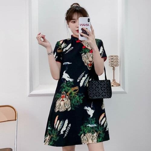 2021 Plus Size 3XL 4XL Vintage Black Modern Cheongsam Dress for Women Party Casual Summer Qipao Traditional Chinese Clothing