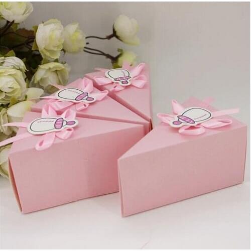 60pcs Kid / Milk Bottle Triangular Cake Style Tiffany Blue Baby Shower Party Candy Boxes Chocolate Boxes Gift Box