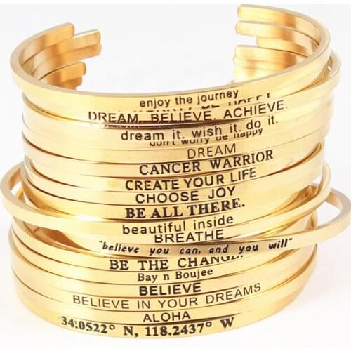 A b c d Initial gold 2021 New Trend Quotes Mantra Bracelets 316L Stainless Steel Open Cuff Bangle Fashion Inspirational Jewelry
