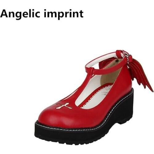 Angelic imprint woman mori girl lolita cosplay shoes lady mid heels wedges Pumps women princess dress party shoes angel wings 46