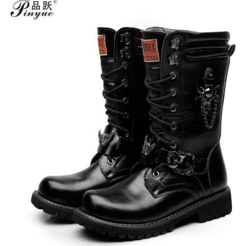 Army Boots Men Lace Up Chain High Military Combat Men Boots Metal Buckle Male Motorcycle Punk Boots Mens Shoes Rock