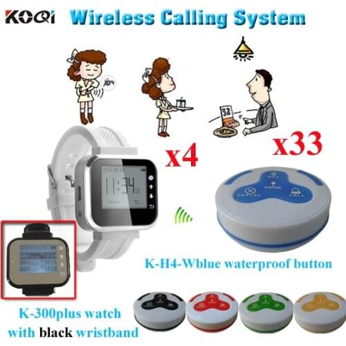 Wireless Pager System 433mhz Receiver Wrist Watches Electronics For Restaurant Hotel (4pcs watch pager + 33pcs call bell )