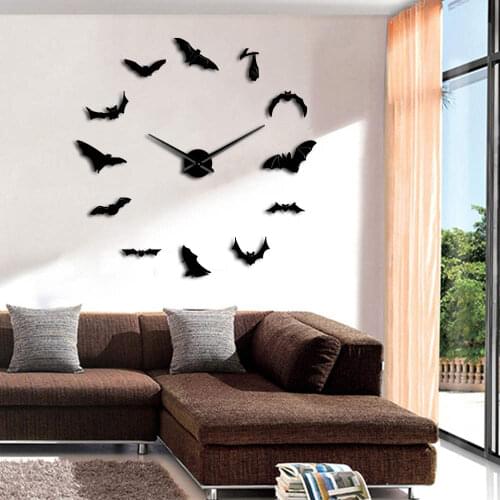 Vampire Bats Large Wall Clock Modern Design 3D DIY Frameless Giant Mirror Effect Big Giant Wall Clock Creative Home Decor