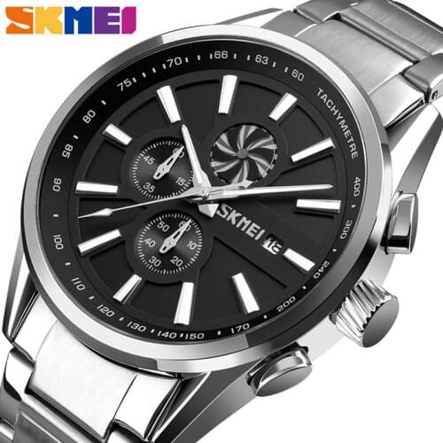 SKMEI Mens Luxury Brand Chronograph Mens Sports Watches Waterproof Stainless Steel Quartz Watch Relogio Masculino 9175