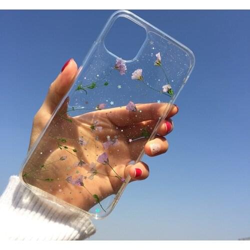 Tfshining Real Flowers Dried Flowers Case For On iPhone 11 11Pro Max 7 8 Plus X 6 S Plus XS Max XR SE 2020 Clear Glitter Cover